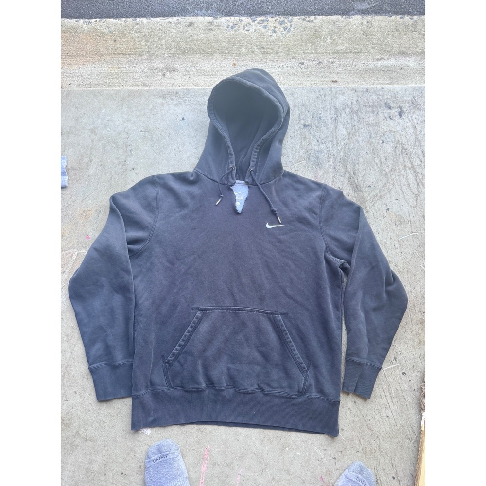 Nike Mens Black Pullover Hoodie Swoosh Logo Fleece Size Large Distressed Neck